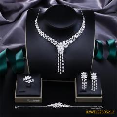 Blossom CS Jewelry 925 Sterling Silver Floral Zirconia Tassel 4Pcs Bridal Jewelry Set Necklace Earrings Ring Bracelet