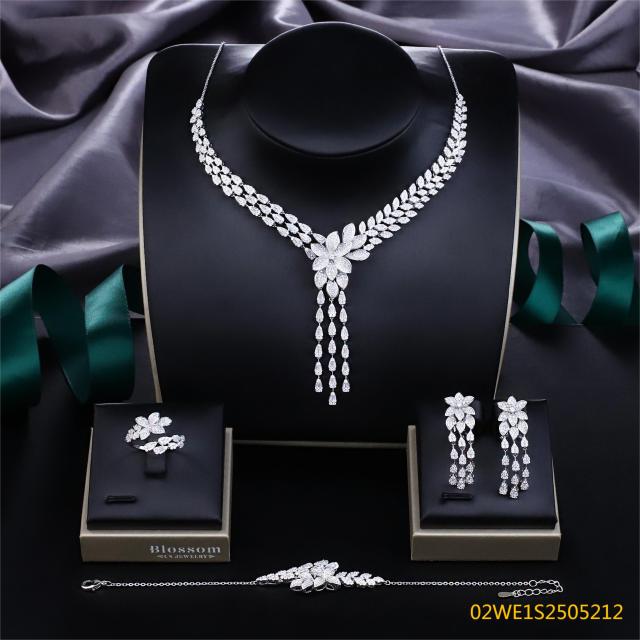 Blossom CS Jewelry 925 Sterling Silver Floral Zirconia Tassel 4Pcs Bridal Jewelry Set Necklace Earrings Ring Bracelet