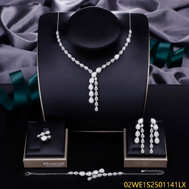 Blossom CS Jewelry 925 Sterling Silver Halo Teardrop Zirconia Y Shape 4Pcs Bridal Jewelry Set Necklace Earrings Ring Bracelet
