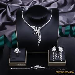 Blossom CS Jewelry 925 Sterling Silver Teardrop Zirconia Tassel 4Pcs Bridal Jewelry Set Necklace Earrings Ring Bracelet