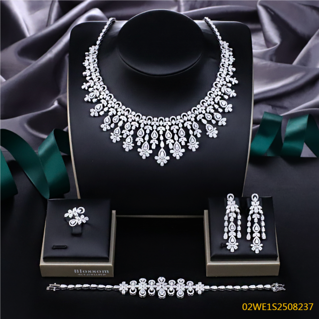 Blossom CS Jewelry 925 Silver Pave Multi Shape Floral Cubic Zirconia Bridal Jewelry Set Necklace Earrings Ring Bracelet