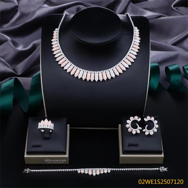 Blossom CS Jewelry 925 Silver Pink Cone Cubic Zirconia Bridal Jewelry Set Necklace Earrings Ring Bracelet