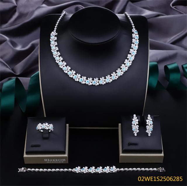 Blossom CS Jewelry 925 Silver Light Blue Cubic Zirconia Floral Bridal Jewelry Set Necklace Earrings Ring Bracelet