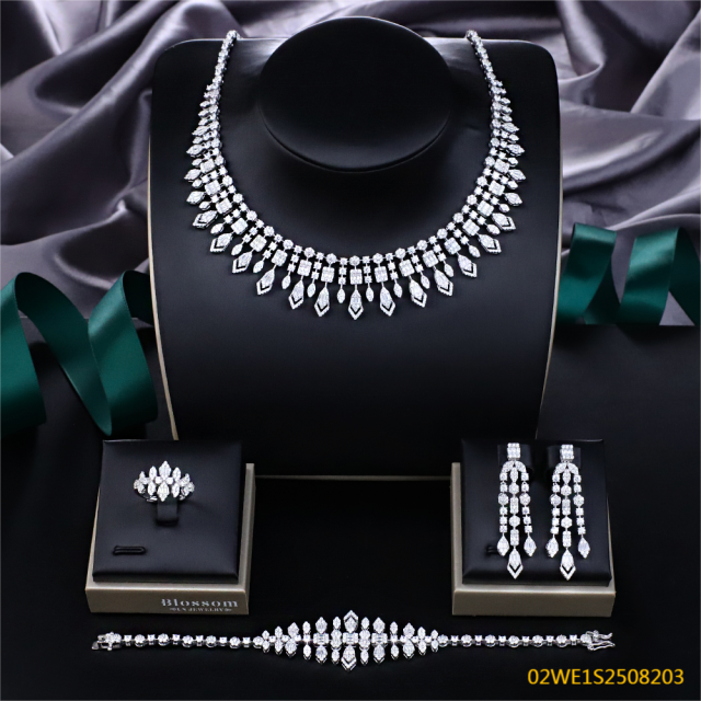 Blossom CS Jewelry 925 Silver Pave Multi Shape Cubic Zirconia Bridal Jewelry Set Necklace Earrings Ring Bracelet