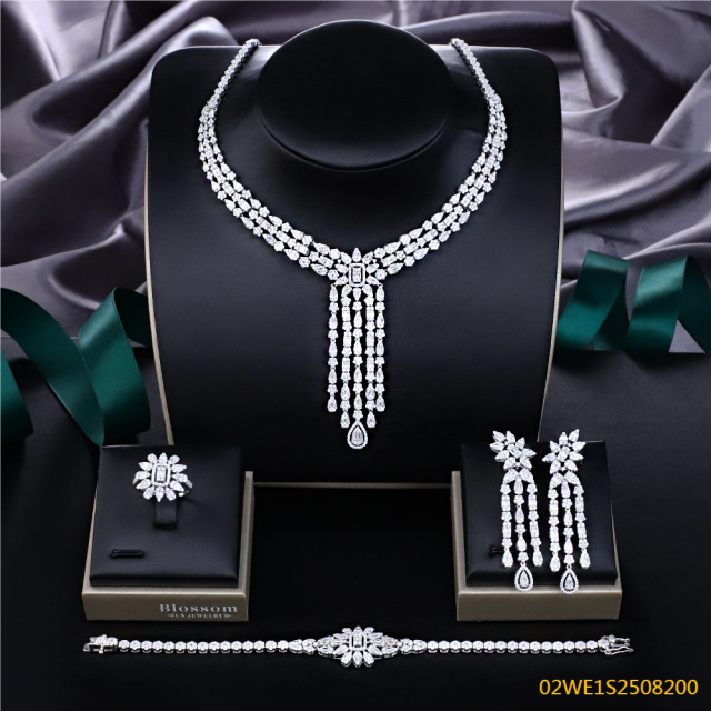 Blossom CS Jewelry 925 Silver Tassel Fringe Cubic Zirconia Bridal Jewelry Set Necklace Earrings Ring Bracelet