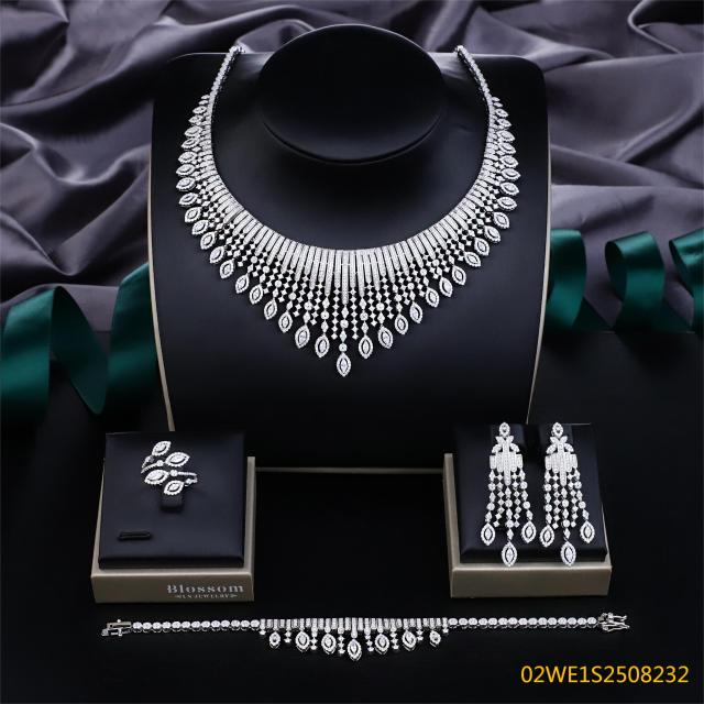 Blossom CS Jewelry 925 Silver Pave Multi Shape Cubic Zirconia Waterfall Bridal Jewelry Set Necklace Earrings Ring Bracelet