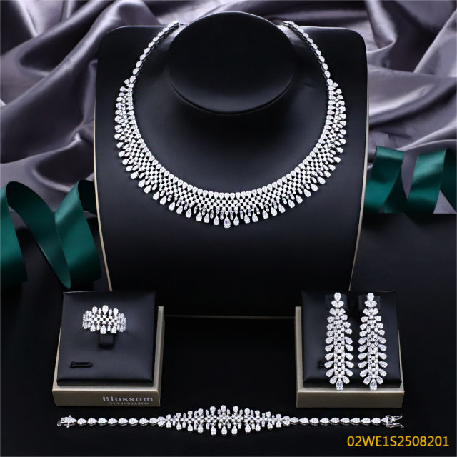 Blossom CS Jewelry 925 Silver Collar Waterfall Cubic Zirconia Bridal Jewelry Set Necklace Earrings Ring Bracelet