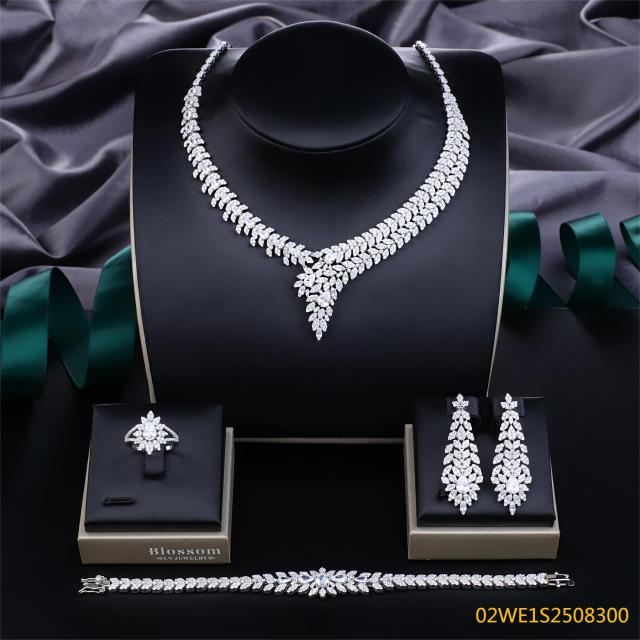 Blossom CS Jewelry 925 Silver Pave Marquise Cubic Zirconia V‑Shape Bridal Jewelry Set Necklace Earrings Ring Bracelet
