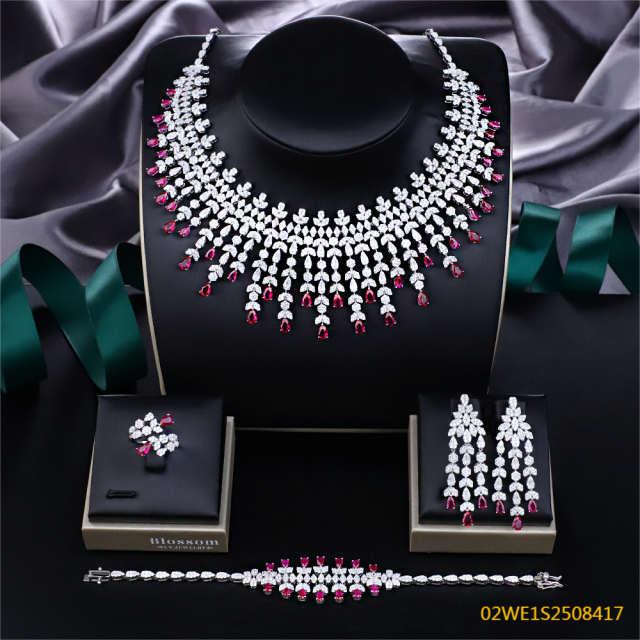 Blossom CS Jewelry 925 Silver Pink Teardrop Bib Fringe Cubic Zirconia Bridal Jewelry Set Necklace Earrings Ring Bracelet