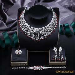 Blossom CS Jewelry 925 Silver Red Teardrop Bib Fringe Cubic Zirconia Bridal Jewelry Set Necklace Earrings Ring Bracelet