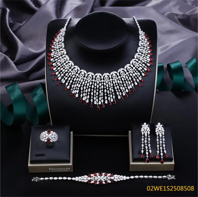 Blossom CS Jewelry 925 Silver Red Teardrop Bib Fringe Cubic Zirconia Bridal Jewelry Set Necklace Earrings Ring Bracelet