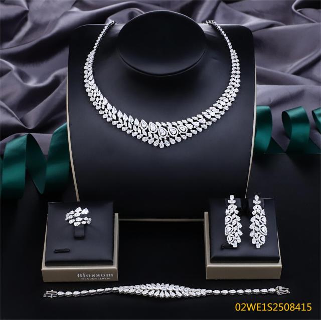 Blossom CS Jewelry 925 Silver Teardrop Cluster V‑Shape Cubic Zirconia Bridal Jewelry Set Necklace Earrings Ring Bracelet
