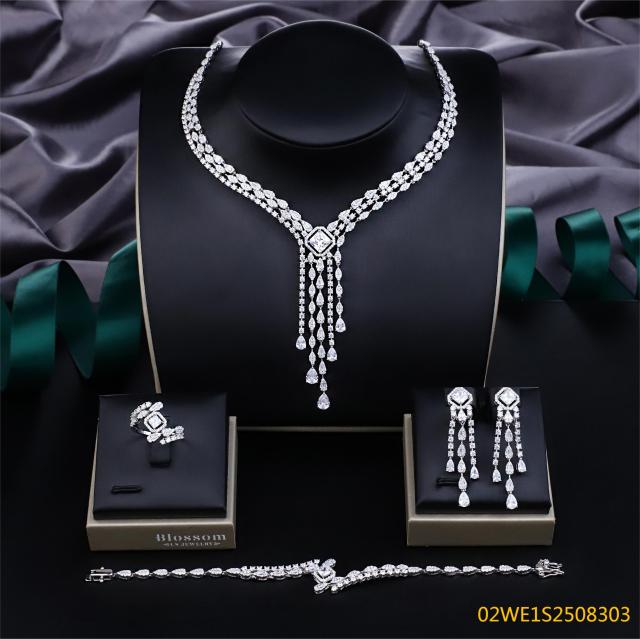 Blossom CS Jewelry 925 Silver Square Halo Cubic Zirconia Tassel Bridal Jewelry Set Necklace Earrings Ring Bracelet