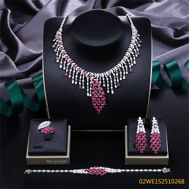 Blossom CS Jewelry 925 Sterling Silver Fuchsia Pink Accent Chandelier Multi‑Cut Cubic Zirconia 4Pcs Bridal Jewelry Set