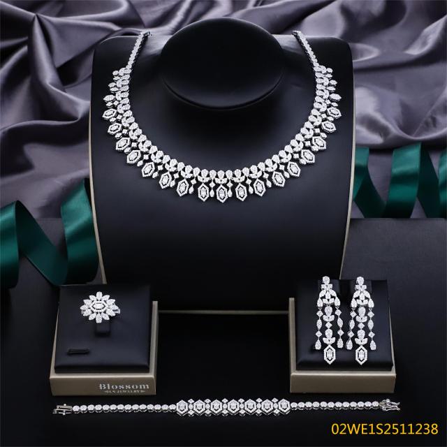 Blossom CS Jewelry 925 Sterling Silver Hexagonal‑Halo Fringe Collar 4Pcs Bridal Jewelry Set