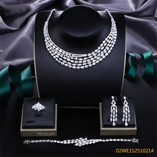 Blossom CS Jewelry 925 Sterling Silver Teardrop Marquise Cubic Zirconia Multi‑Layer 4Pcs Bridal Jewelry Set