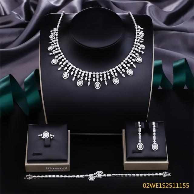 Blossom CS Jewelry 925 Sterling Silver Halo‑Oval Fringe Chandelier 4Pcs Bridal Jewelry Set