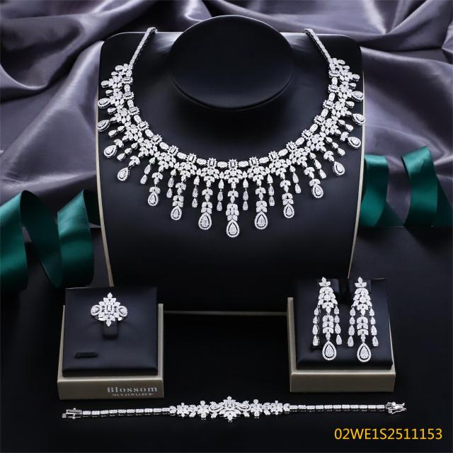 Blossom CS Jewelry 925 Sterling Silver Halo‑Pear Fringe Chandelier 4Pcs Bridal Jewelry Set
