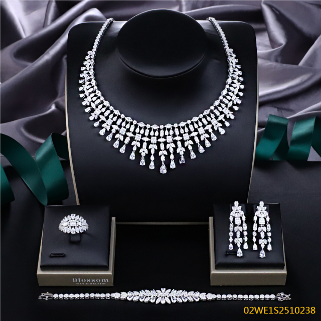 Blossom CS Jewelry 925 Sterling Silver Waterfall Fringe Multi‑Cut Cubic Zirconia 4Pcs Bridal Jewelry Set