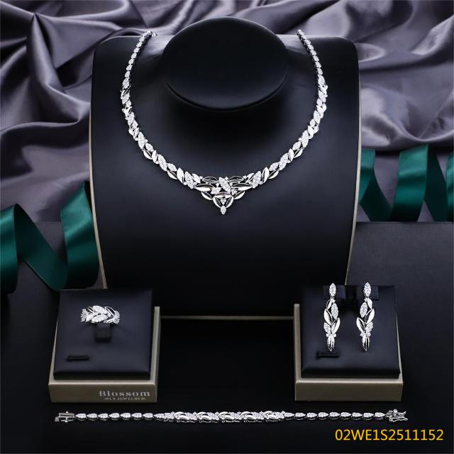 Blossom CS Jewelry 925 Sterling Silver V‑Neck Marquise‑Leaf Cluster 4Pcs Bridal Jewelry Set