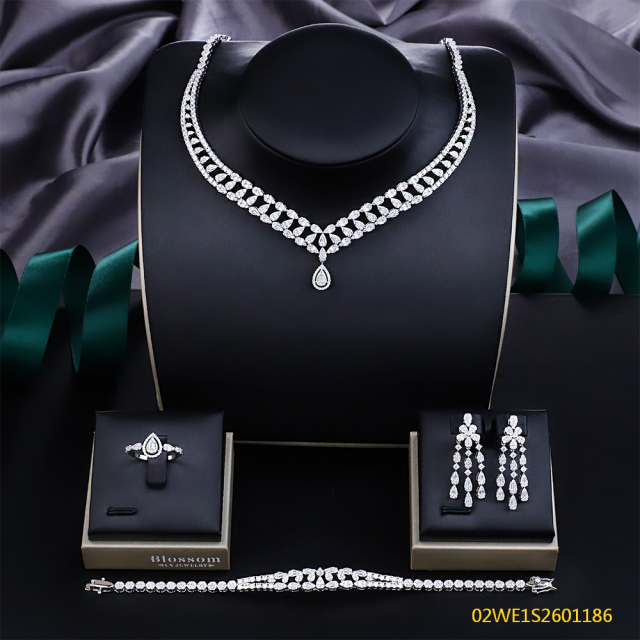 Blossom CS Jewelry Single‑Teardrop‑Pendant V‑Neck 925 Sterling Silver Cubic Zirconia 4 Pieces Bridal Jewelry Set Necklace Earrings Ring Bracelet For Wedding Formal Occasion