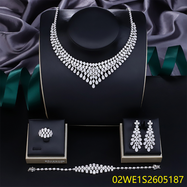 Blossom CS Jewelry V‑Shape Teardrop Pendant 925 Sterling Silver CZ 4‑Pcs Bridal Jewelry Set For Wedding Party