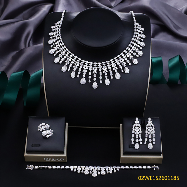 Blossom CS Jewelry Cascading‑Petal Fringe 925 Sterling Silver Cubic Zirconia 4 Pieces Bridal Jewelry Set Necklace Earrings Ring Bracelet For Wedding Formal Occasion