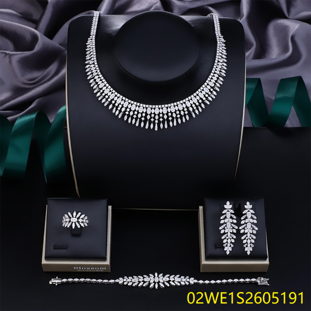 Blossom CS Jewelry Multi‑Shape Mixed‑Cut CZ Choker 925 Sterling Silver 4‑Pcs Bridal Jewelry Set For Wedding Party