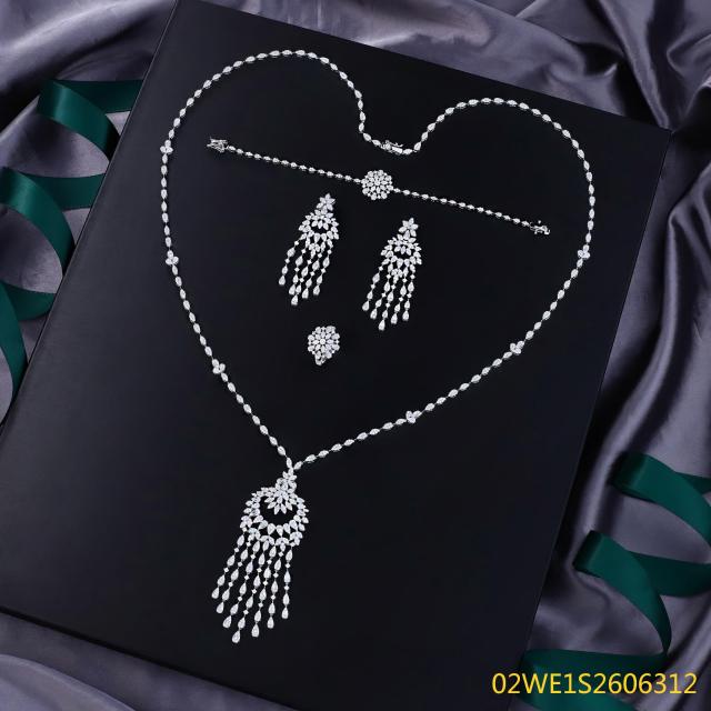 Blossom CS Jewelry Floral Fringe Tassel Sweater Chain 925 Sterling Silver CZ 4‑Pcs Bridal Jewelry Set For Wedding Party