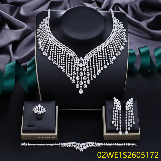 Blossom CS Jewelry Waterfall Teardrop Fringe 925 Sterling Silver CZ 4‑Pcs Bridal Jewelry Set For Wedding Party
