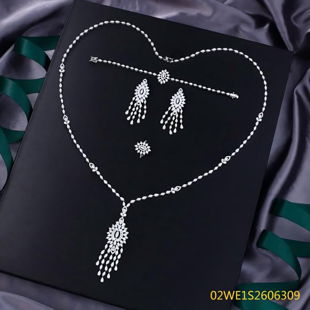 Blossom CS Jewelry Eye‑Shape Tassel Sweater Chain 925 Sterling Silver CZ 4‑Pcs Bridal Jewelry Set For Wedding Party