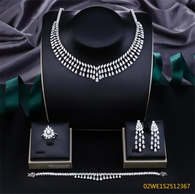 Blossom CS Jewelry Water‑Drop Fringe Collar Cubic Zirconia 4 Pieces Bridal Jewelry Set Necklace Earrings Ring Bracelet For Wedding Formal Occasion