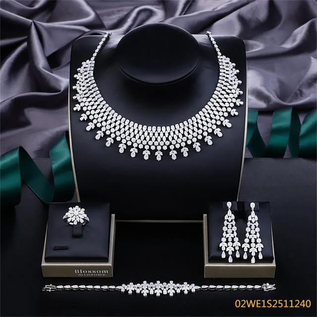 Blossom CS Jewelry Full Pave Cubic Zirconia 4 Pieces Bridal Jewelry Set Necklace Earrings Ring Bracelet For Wedding Formal Event