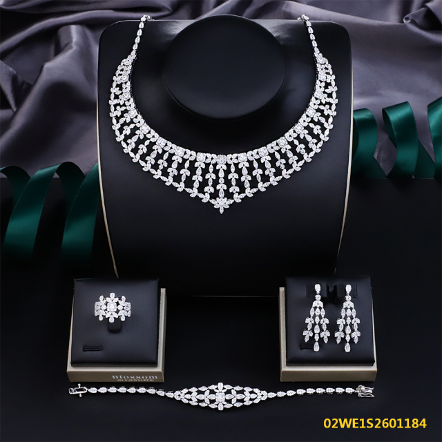 Blossom CS Jewelry V‑Shape Tiered‑Fringe 925 Sterling Silver Cubic Zirconia 4 Pieces Bridal Jewelry Set Necklace Earrings Ring Bracelet For Wedding Formal Occasion