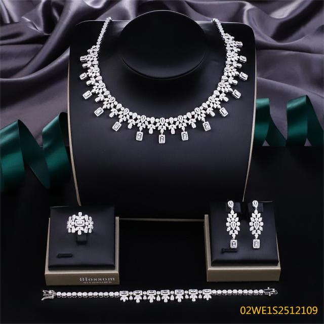 Blossom CS Jewelry Emerald Cut Cubic Zirconia 4 Pieces Bridal Jewelry Set Necklace Earrings Ring Bracelet For Wedding Formal Occasion
