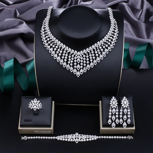 Blossom CS Jewelry Marquise‑Teardrop V‑Collar 925 Sterling Silver CZ 4‑Pcs Bridal Jewelry Set For Wedding Party