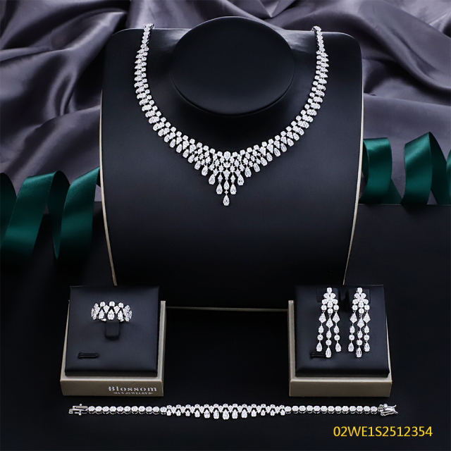 Blossom CS Jewelry V‑Shape Cascading Teardrop Cubic Zirconia 4 Pieces Bridal Jewelry Set Necklace Earrings Ring Bracelet For Wedding Formal Occasion