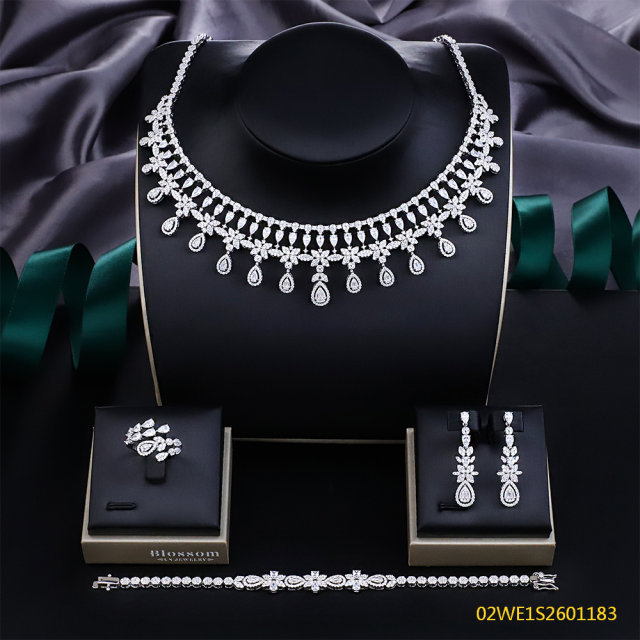 Blossom CS Jewelry Multi‑Teardrop Drop 925 Sterling Silver Cubic Zirconia 4 Pieces Bridal Jewelry Set Necklace Earrings Ring Bracelet For Wedding Formal Occasion