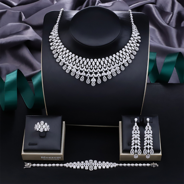 Blossom CS Jewelry Teardrop Waterfall Fringe 925 Sterling Silver CZ 4‑Pcs Bridal Jewelry Set For Wedding Party