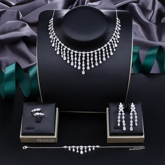 Blossom CS Jewelry Multi‑Shape Tassel Fringe 925 Sterling Silver CZ 4‑Pcs Bridal Jewelry Set For Wedding Party