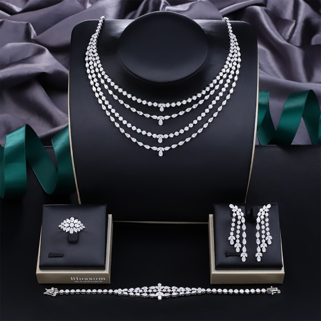 Blossom CS Jewelry Four‑Row Pave‑Set Layered 925 Sterling Silver CZ 4‑Pcs Bridal Jewelry Set For Wedding Party