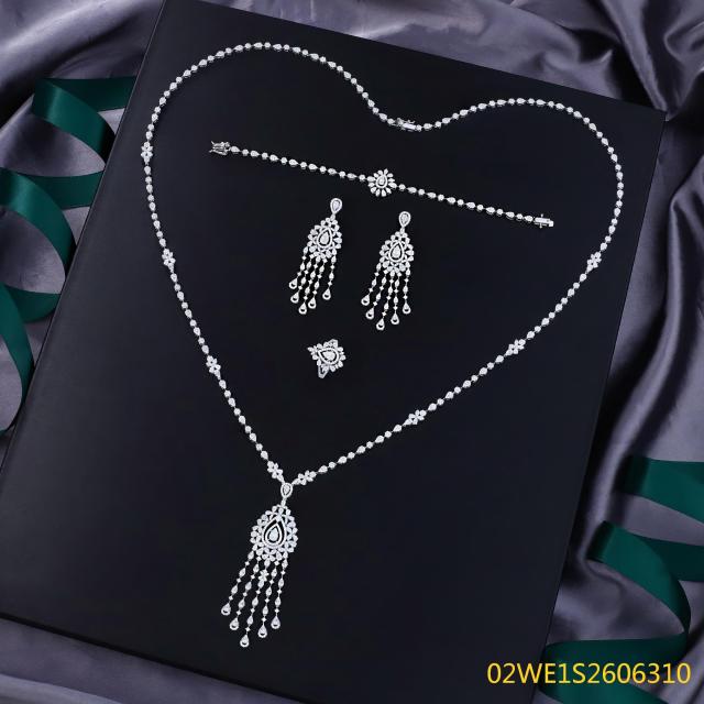 Blossom CS Jewelry Teardrop‑Shape Fringe Tassel Sweater Chain 925 Sterling Silver CZ 4‑Pcs Bridal Jewelry Set For Wedding Party