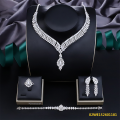 Blossom CS Jewelry Teardrop‑Center Pendant Marquise‑Leaf 925 Sterling Silver Cubic Zirconia 4 Pieces Bridal Jewelry Set Necklace Earrings Ring Bracelet For Wedding Formal Occasion