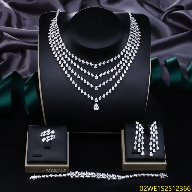 Blossom CS Jewelry Multi‑Layer Teardrop V‑Drop Cubic Zirconia 4 Pieces Bridal Jewelry Set Necklace Earrings Ring Bracelet For Wedding Formal Occasion
