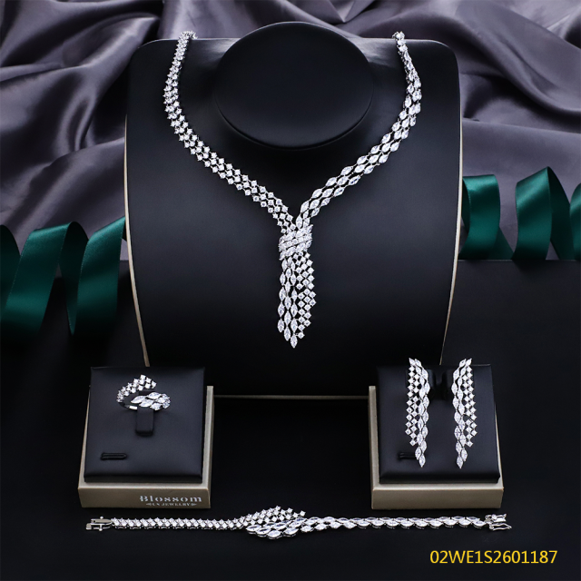 Blossom CS Jewelry Y‑Shape Marquise‑Cluster 925 Sterling Silver Cubic Zirconia 4 Pieces Bridal Jewelry Set Necklace Earrings Ring Bracelet For Wedding Formal Occasion
