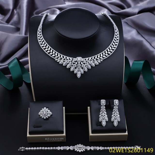 Blossom CS Jewelry Square‑Center Marquise‑Cluster 925 Sterling Silver Cubic Zirconia 4 Pieces Bridal Jewelry Set Necklace Earrings Ring Bracelet For Wedding Formal Occasion