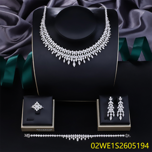 Blossom CS Jewelry Marquise Cluster Fringe 925 Sterling Silver CZ 4‑Pcs Bridal Jewelry Set For Wedding Party