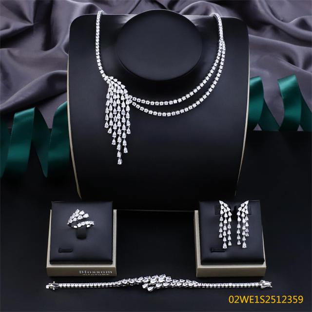Blossom CS Jewelry Double‑Layer Asymmetric Tassel Cubic Zirconia 4 Pieces Bridal Jewelry Set Necklace Earrings Ring Bracelet For Wedding Formal Occasion