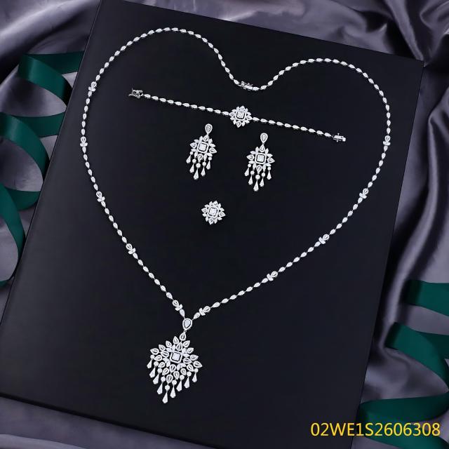 Blossom CS Jewelry Floral‑Cluster Tassel Sweater Chain 925 Sterling Silver CZ 4‑Pcs Bridal Jewelry Set For Wedding Party