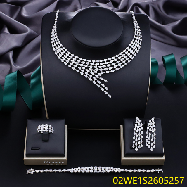 Blossom CS Jewelry Bold Waterfall Fringe Pave‑Set 925 Sterling Silver CZ 4‑Pcs Bridal Jewelry Set For Wedding Party